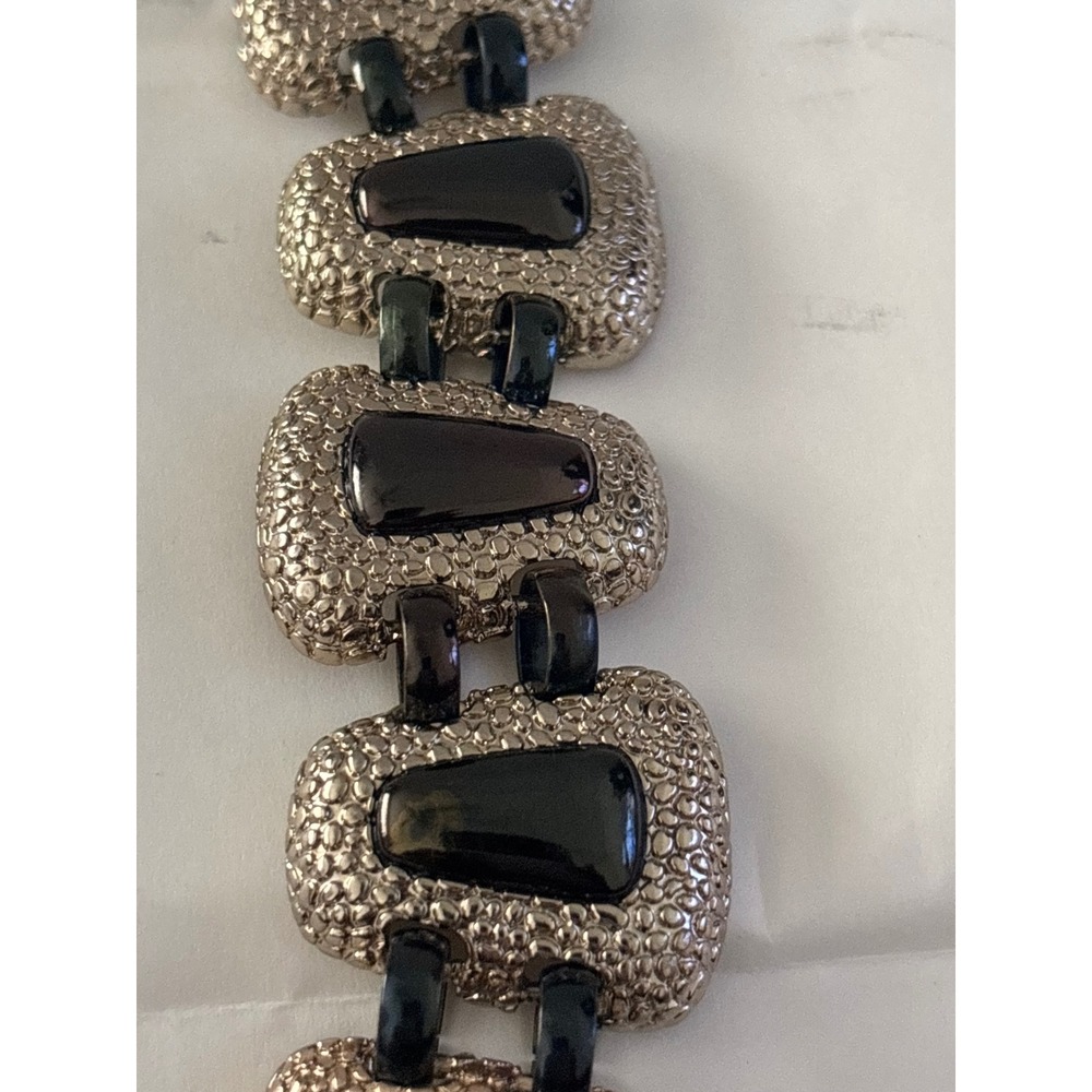 Monet Textured Silver-Tone Statement Bracelet Glossy Black Cabochons - Picture 7 of 8
